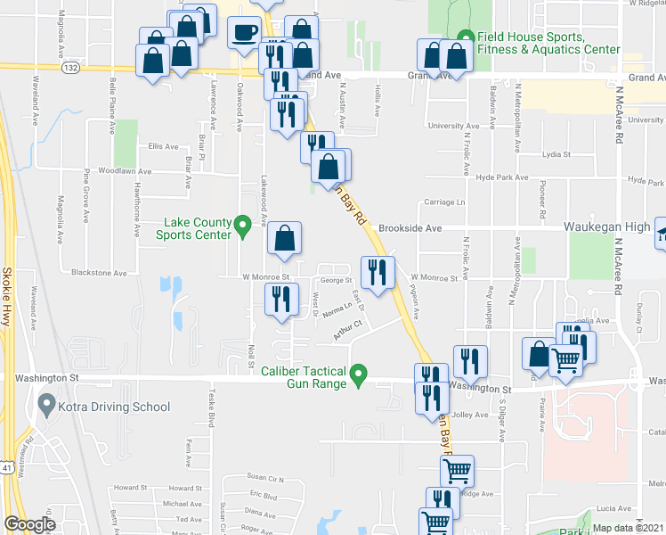 map of restaurants, bars, coffee shops, grocery stores, and more near 3130 West Monroe Street in Waukegan