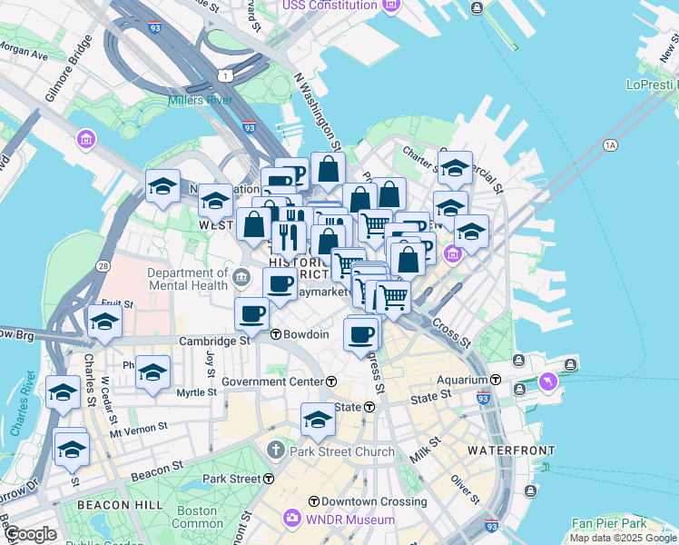 map of restaurants, bars, coffee shops, grocery stores, and more near 41 New Chardon Street in Boston
