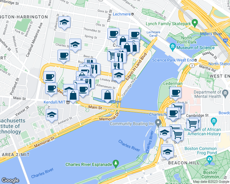 map of restaurants, bars, coffee shops, grocery stores, and more near 245 First Street in Cambridge
