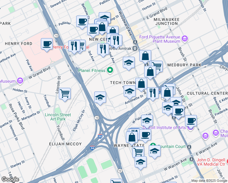 map of restaurants, bars, coffee shops, grocery stores, and more near 6000 3rd Avenue in Detroit
