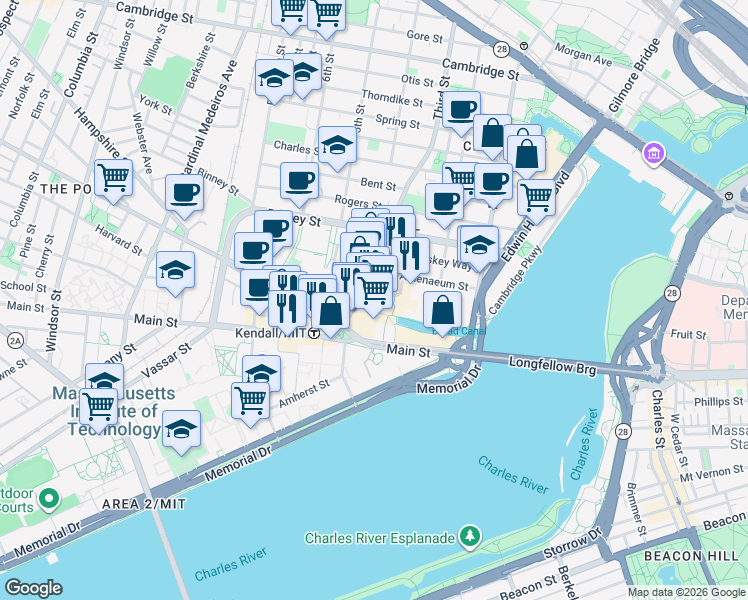 map of restaurants, bars, coffee shops, grocery stores, and more near 350 Third Street in Cambridge