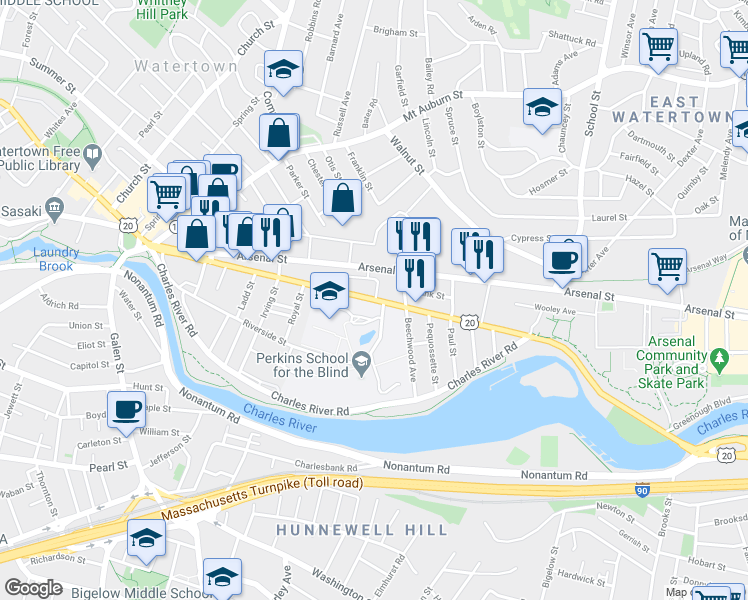 map of restaurants, bars, coffee shops, grocery stores, and more near 168 North Beacon Street in Watertown