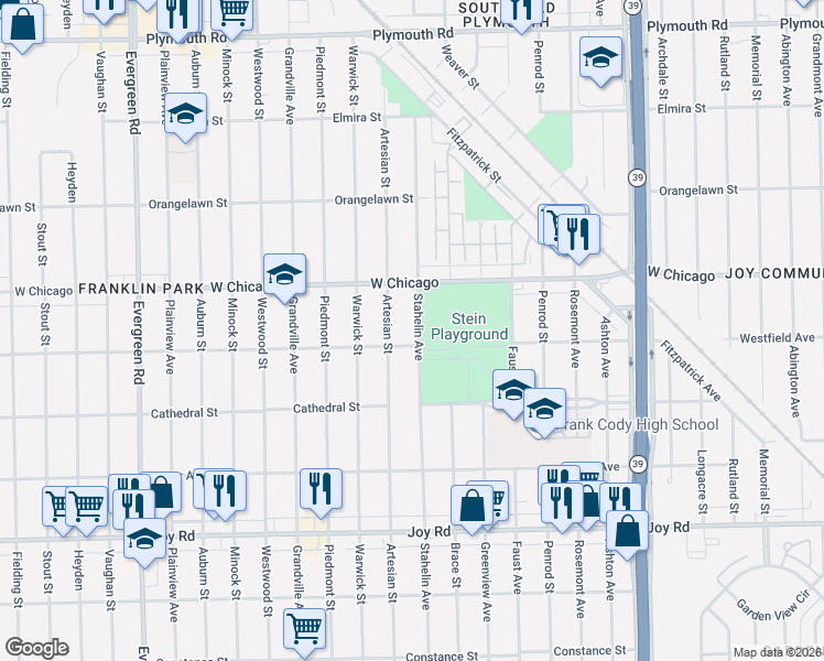 map of restaurants, bars, coffee shops, grocery stores, and more near 9325 Stahelin Avenue in Detroit