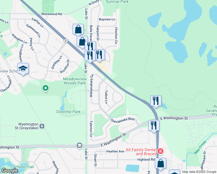 map of restaurants, bars, coffee shops, grocery stores, and more near 1092 Talbot Lane in Grayslake