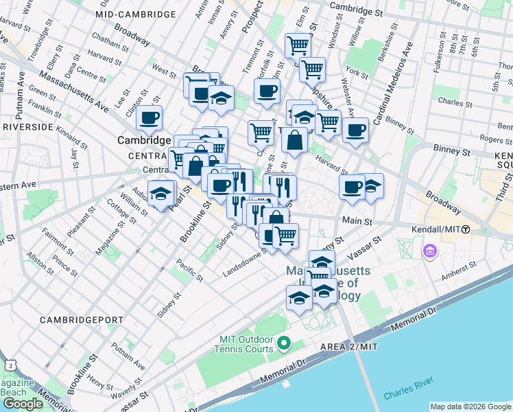 map of restaurants, bars, coffee shops, grocery stores, and more near 15 State Street in Cambridge