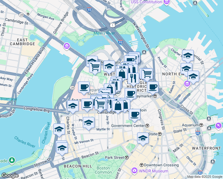 map of restaurants, bars, coffee shops, grocery stores, and more near 1 Longfellow Place in Boston