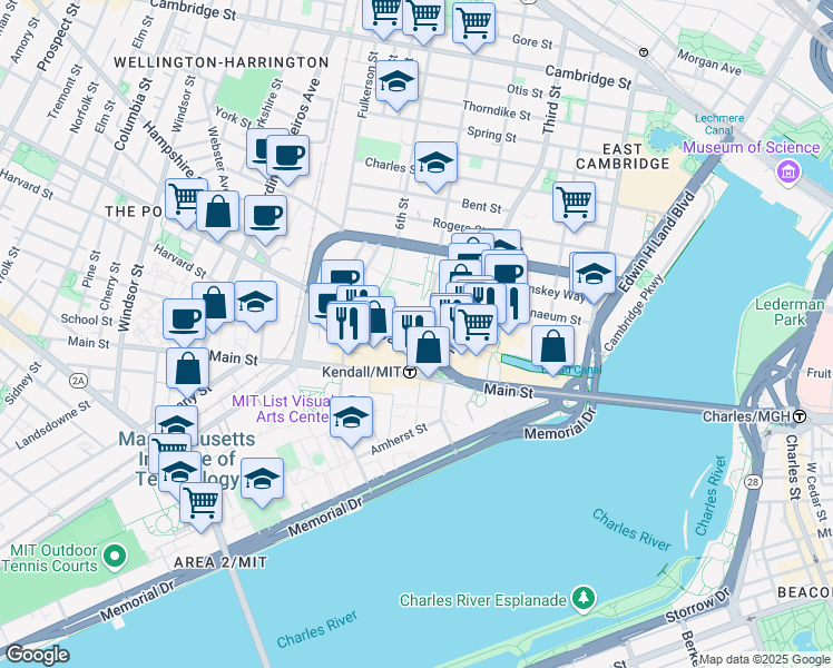 map of restaurants, bars, coffee shops, grocery stores, and more near 55 Broadway in Cambridge