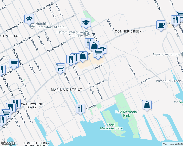 map of restaurants, bars, coffee shops, grocery stores, and more near 679 Fairview Street in Detroit