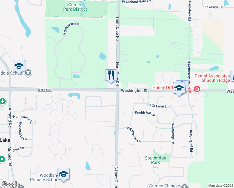 map of restaurants, bars, coffee shops, grocery stores, and more near North Hunt Club Road in Gurnee
