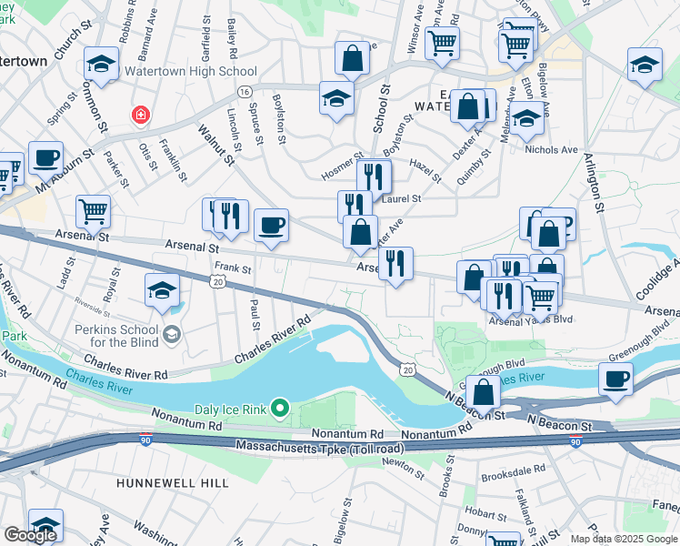 map of restaurants, bars, coffee shops, grocery stores, and more near 400 North Beacon Street in Watertown