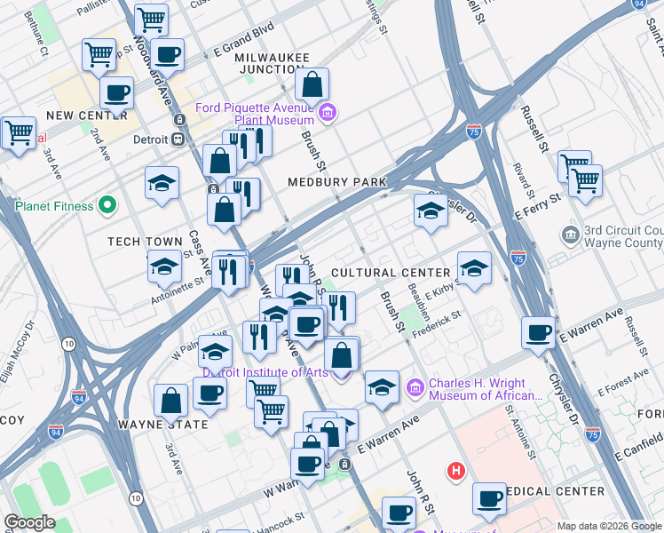 map of restaurants, bars, coffee shops, grocery stores, and more near 5710 John R Street in Detroit