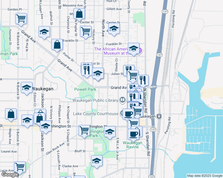map of restaurants, bars, coffee shops, grocery stores, and more near 419 Grand Avenue in Waukegan