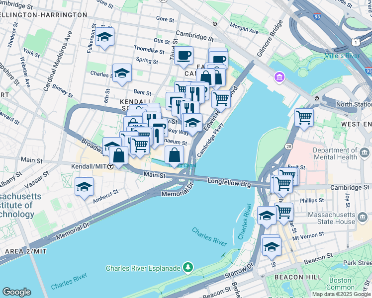 map of restaurants, bars, coffee shops, grocery stores, and more near 245 First Street in Cambridge