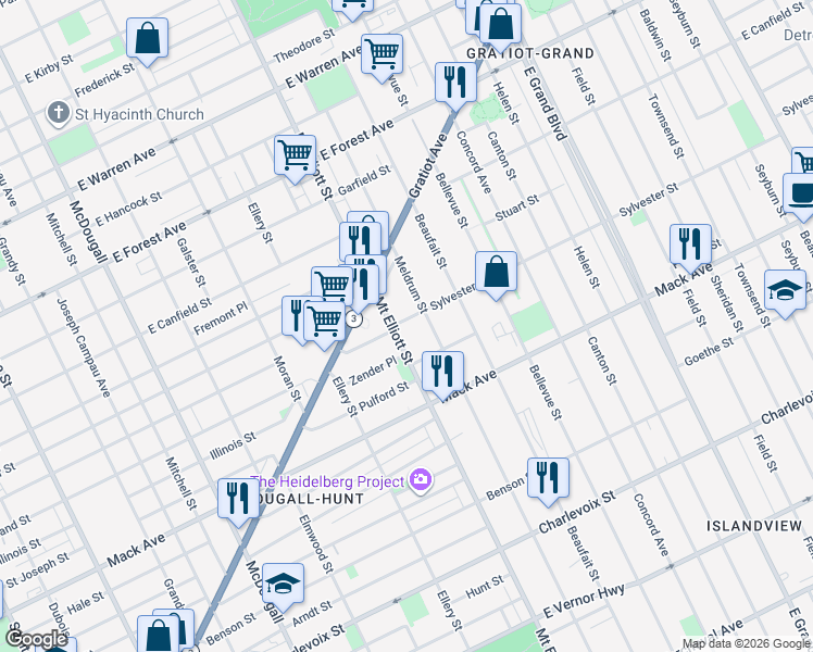 map of restaurants, bars, coffee shops, grocery stores, and more near 3850 Mount Elliott Street in Detroit