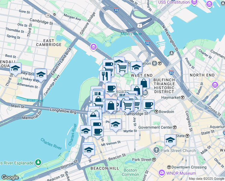 map of restaurants, bars, coffee shops, grocery stores, and more near 55 Fruit Street in Boston