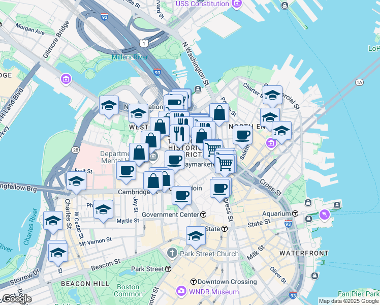 map of restaurants, bars, coffee shops, grocery stores, and more near 121 Portland Street in Boston