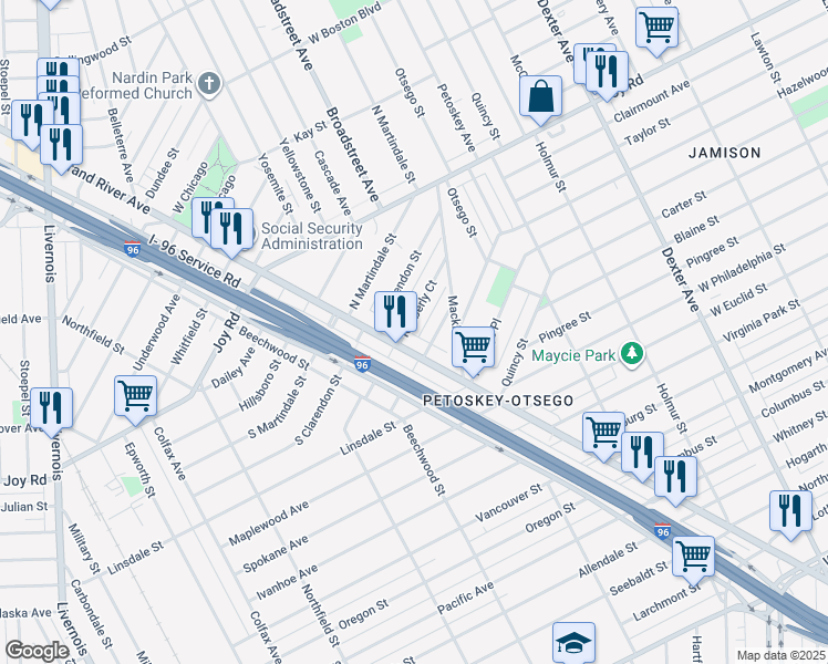 map of restaurants, bars, coffee shops, grocery stores, and more near 8700 Grand River Avenue in Detroit