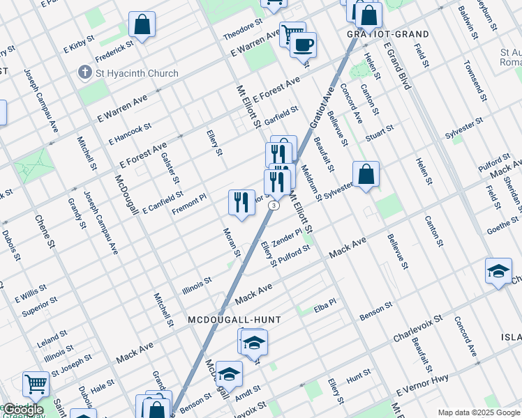 map of restaurants, bars, coffee shops, grocery stores, and more near 3652 Gratiot Avenue in Detroit