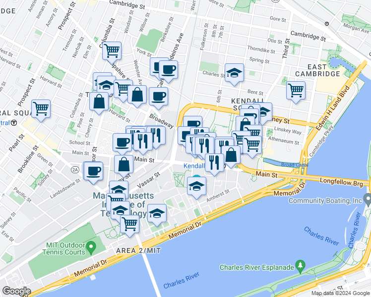 map of restaurants, bars, coffee shops, grocery stores, and more near 75 Ames Street in Cambridge