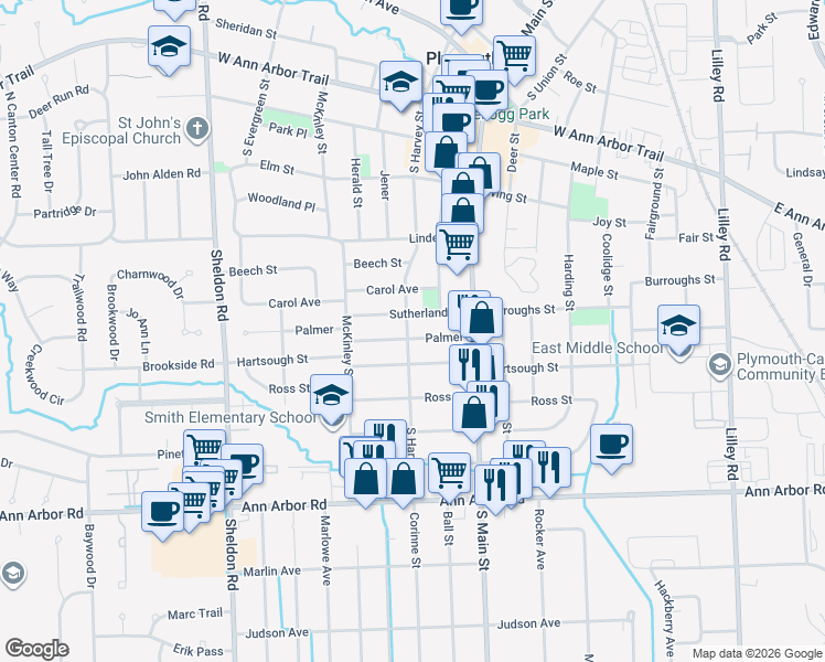 map of restaurants, bars, coffee shops, grocery stores, and more near 978 Hartsough Street in Plymouth