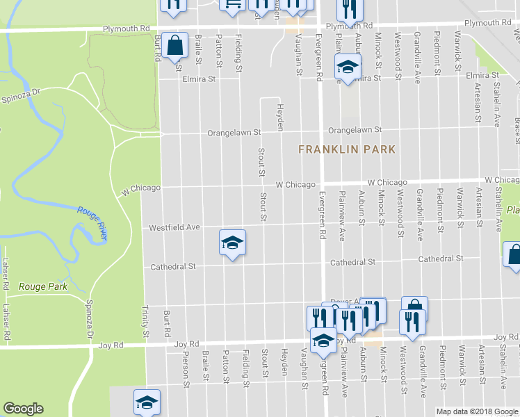 map of restaurants, bars, coffee shops, grocery stores, and more near 9349 Stout Street in Detroit