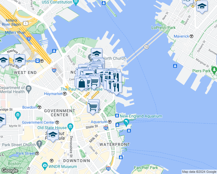 map of restaurants, bars, coffee shops, grocery stores, and more near in Boston