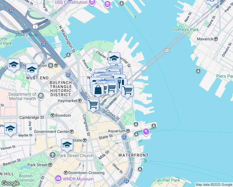 map of restaurants, bars, coffee shops, grocery stores, and more near 35 Quincy Court in Boston
