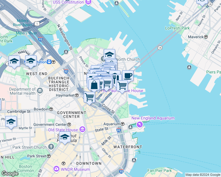map of restaurants, bars, coffee shops, grocery stores, and more near 35 Quincy Court in Boston