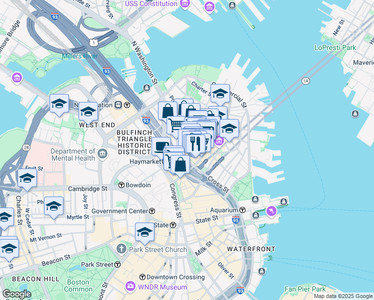 map of restaurants, bars, coffee shops, grocery stores, and more near 36 Salem Street in Boston