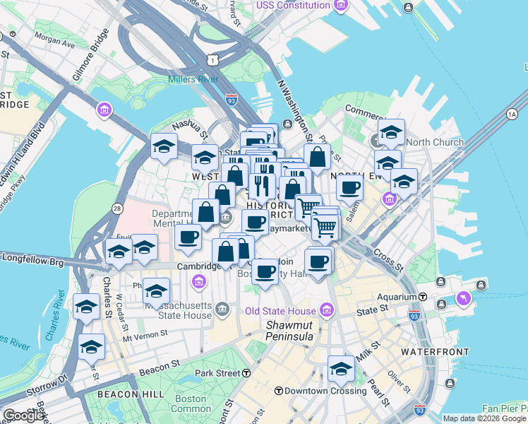 map of restaurants, bars, coffee shops, grocery stores, and more near 50 New Chardon Street in Boston
