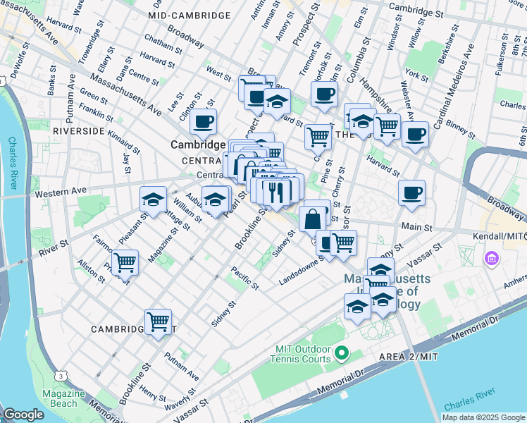map of restaurants, bars, coffee shops, grocery stores, and more near 129 Franklin Street in Cambridge