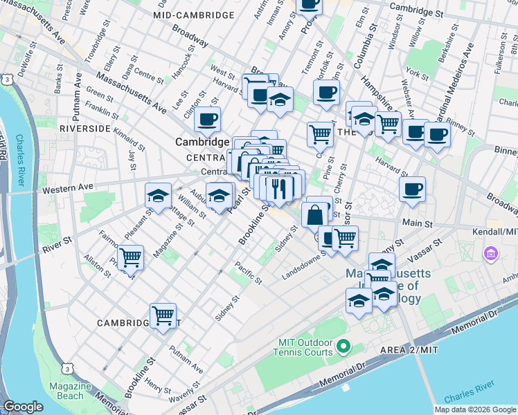 map of restaurants, bars, coffee shops, grocery stores, and more near 129 Franklin Street in Cambridge