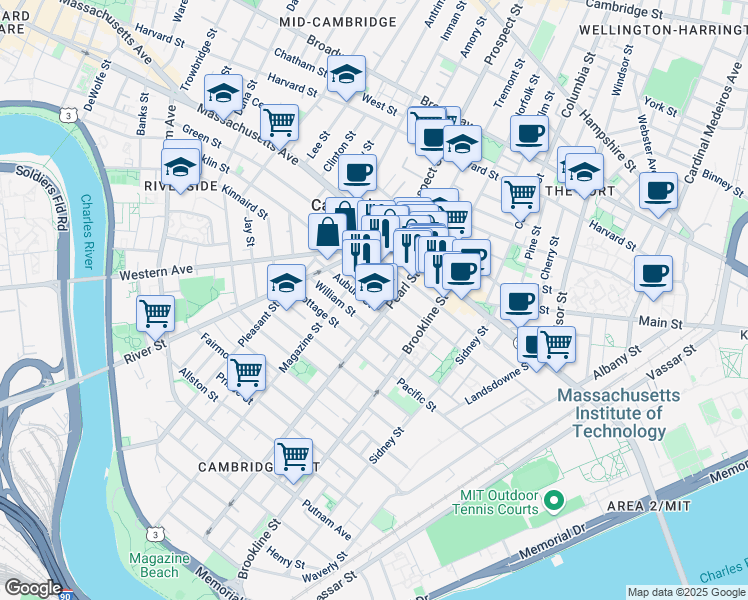 map of restaurants, bars, coffee shops, grocery stores, and more near 71 Pearl Street in Cambridge