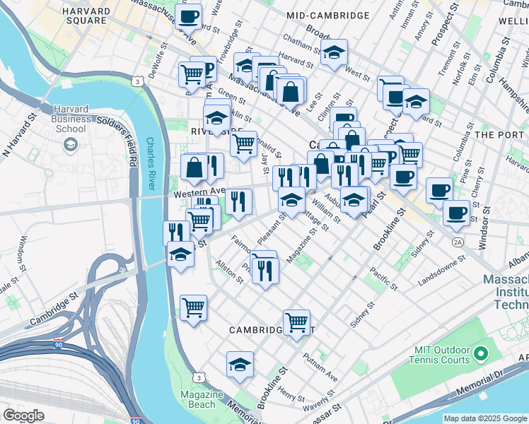 map of restaurants, bars, coffee shops, grocery stores, and more near 17 Laurel Street in Cambridge