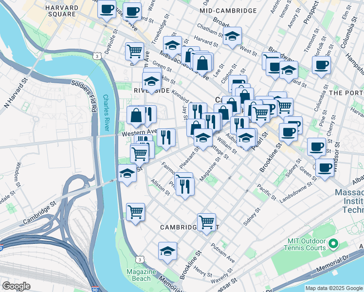 map of restaurants, bars, coffee shops, grocery stores, and more near 17 Laurel Street in Cambridge