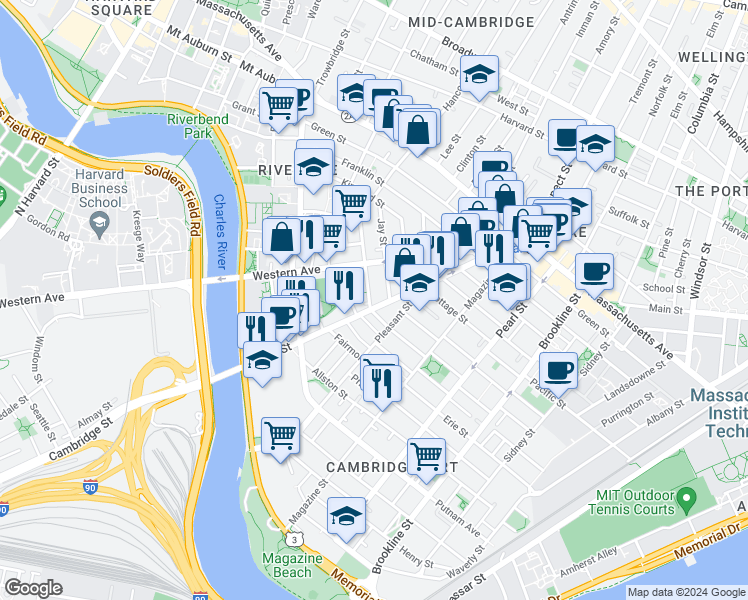 map of restaurants, bars, coffee shops, grocery stores, and more near 17 Laurel Street in Cambridge