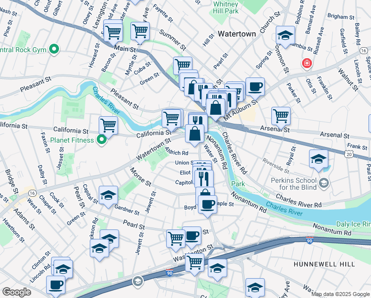 map of restaurants, bars, coffee shops, grocery stores, and more near 23 Union Street in Watertown