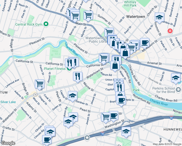 map of restaurants, bars, coffee shops, grocery stores, and more near 65 Union Street in Watertown