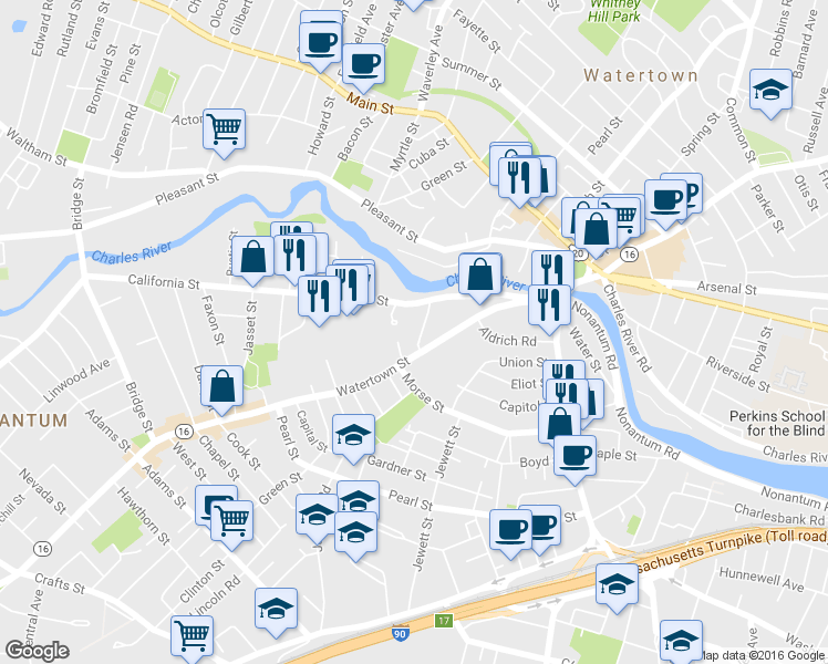 map of restaurants, bars, coffee shops, grocery stores, and more near in Watertown