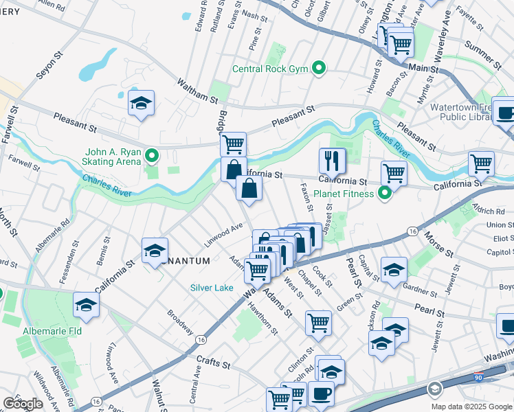 map of restaurants, bars, coffee shops, grocery stores, and more near 61r Chapel Street in Newton