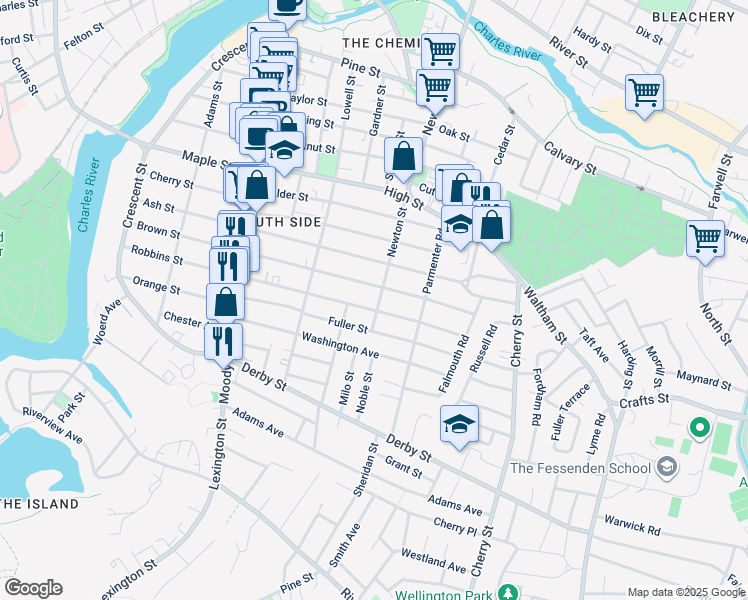 map of restaurants, bars, coffee shops, grocery stores, and more near 48 Fuller Street in Waltham