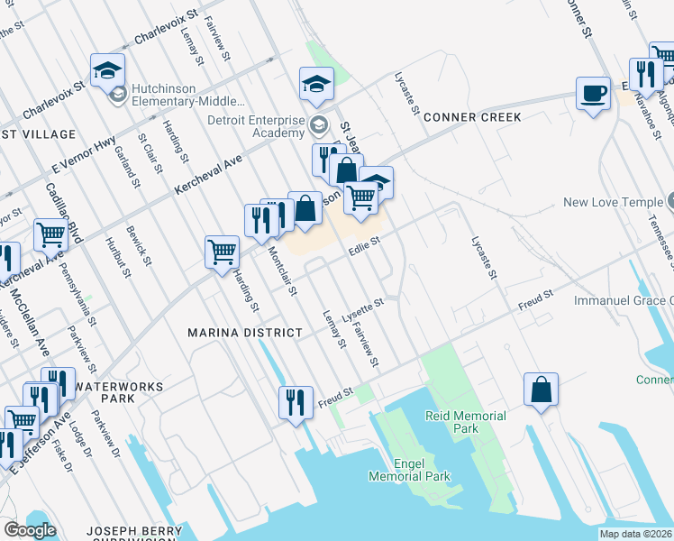 map of restaurants, bars, coffee shops, grocery stores, and more near 679 Fairview Street in Detroit