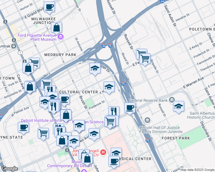 map of restaurants, bars, coffee shops, grocery stores, and more near 630 East Kirby Street in Detroit