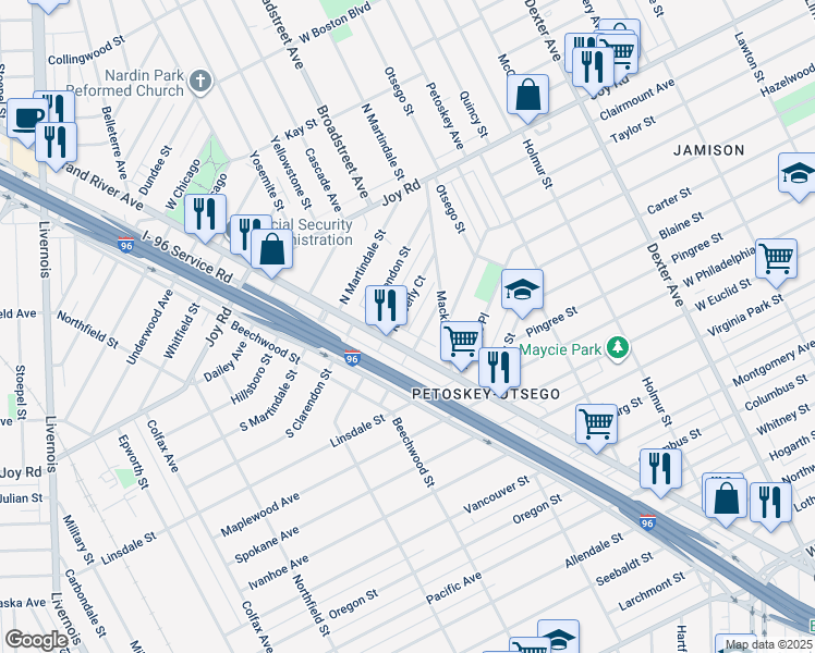 map of restaurants, bars, coffee shops, grocery stores, and more near 8700 Grand River Avenue in Detroit