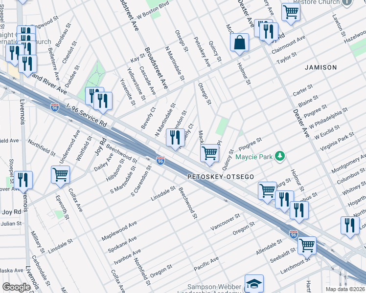 map of restaurants, bars, coffee shops, grocery stores, and more near 8700 Grand River Avenue in Detroit