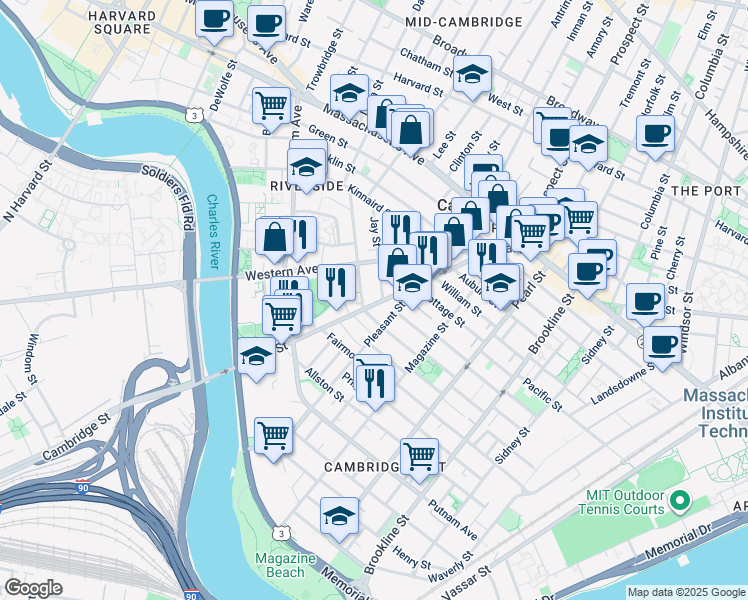 map of restaurants, bars, coffee shops, grocery stores, and more near 17 Laurel Street in Cambridge