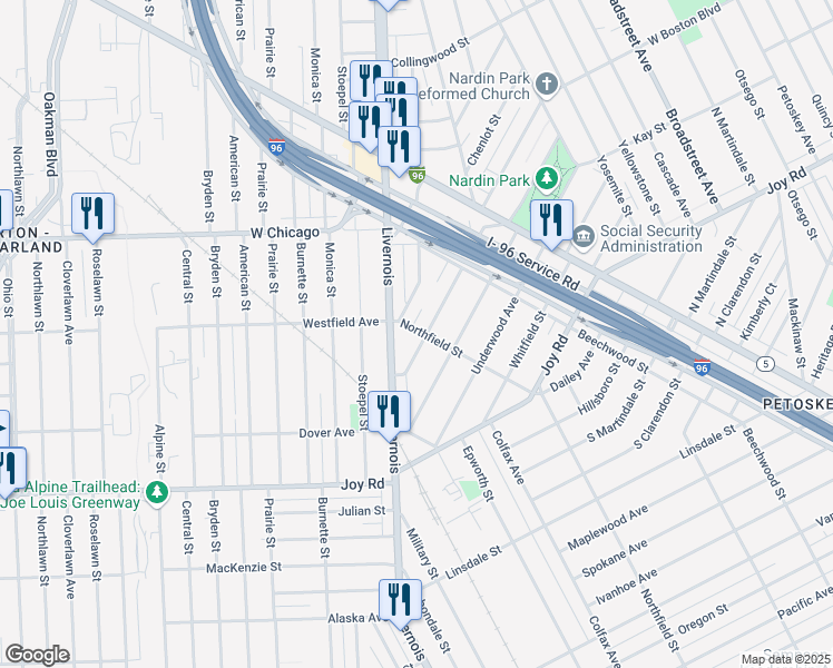 map of restaurants, bars, coffee shops, grocery stores, and more near 5502 Ridgewood Ave in Detroit
