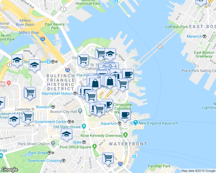 map of restaurants, bars, coffee shops, grocery stores, and more near 29 North St in Boston