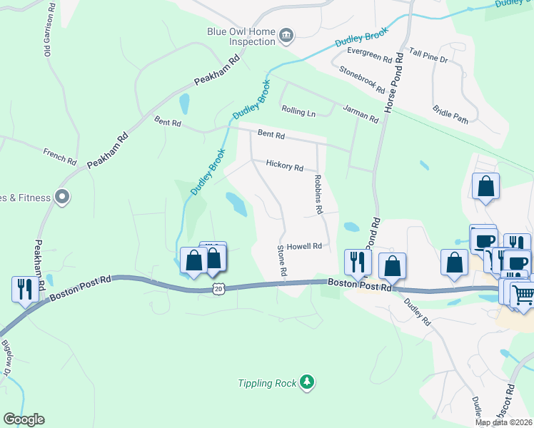 map of restaurants, bars, coffee shops, grocery stores, and more near 9 Douglas Drive in Sudbury