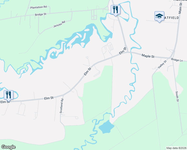 map of restaurants, bars, coffee shops, grocery stores, and more near 45 Elm Street in Hatfield